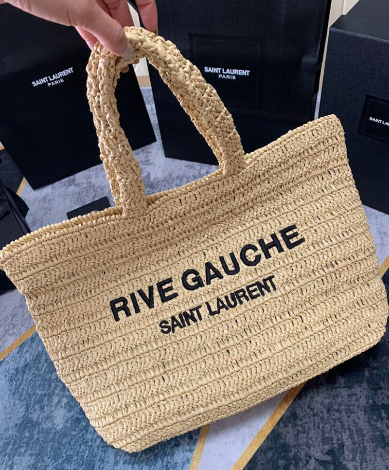 Saint Laurent Rive Gauche Supple Tote Bag In Raffia Crochet Apricot